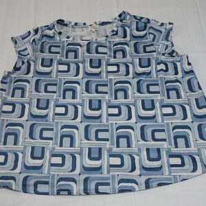 Ava James Blue and White Geometric Blouse 1X